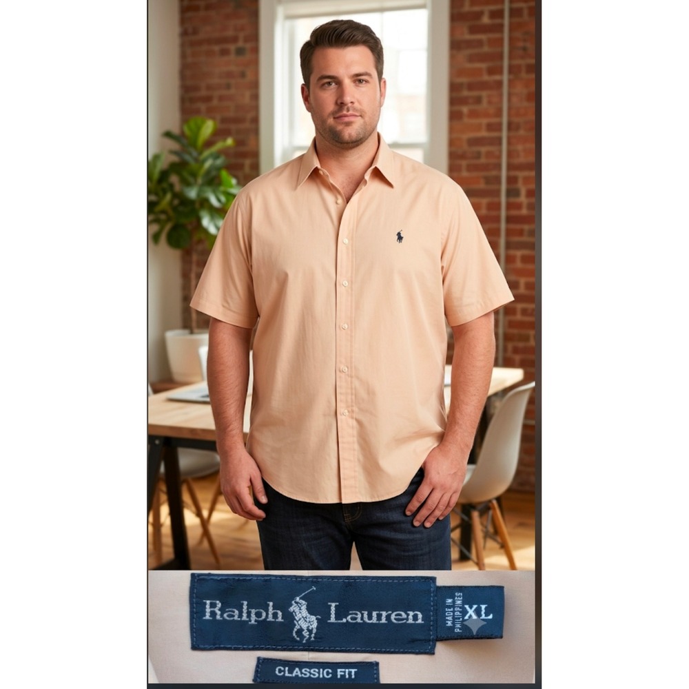 Ralph Lauren Mens Classic Fit Short Sleeve Button Down Shirt Peach Orange XL